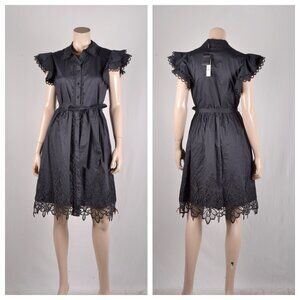 Elie Tahari Crochet Trim Black Cotton Poplin Shirt Dress